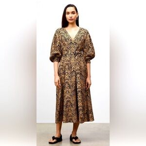 Lafayette 148 Faye Zebra Print 100% Silk Shantung Midi Dress